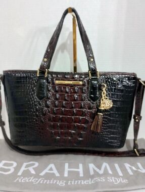 Brahmin Cocoa Melbourne Mini Asher Croc Embossed Leather Crossbody Satchel Purse
